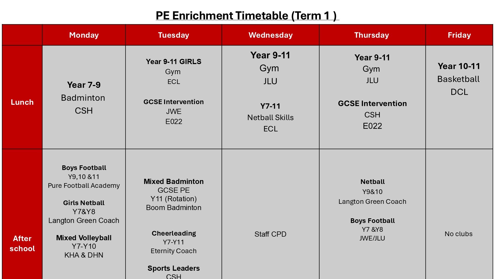 Updated PE Enrichment Timetable (Term 1 )